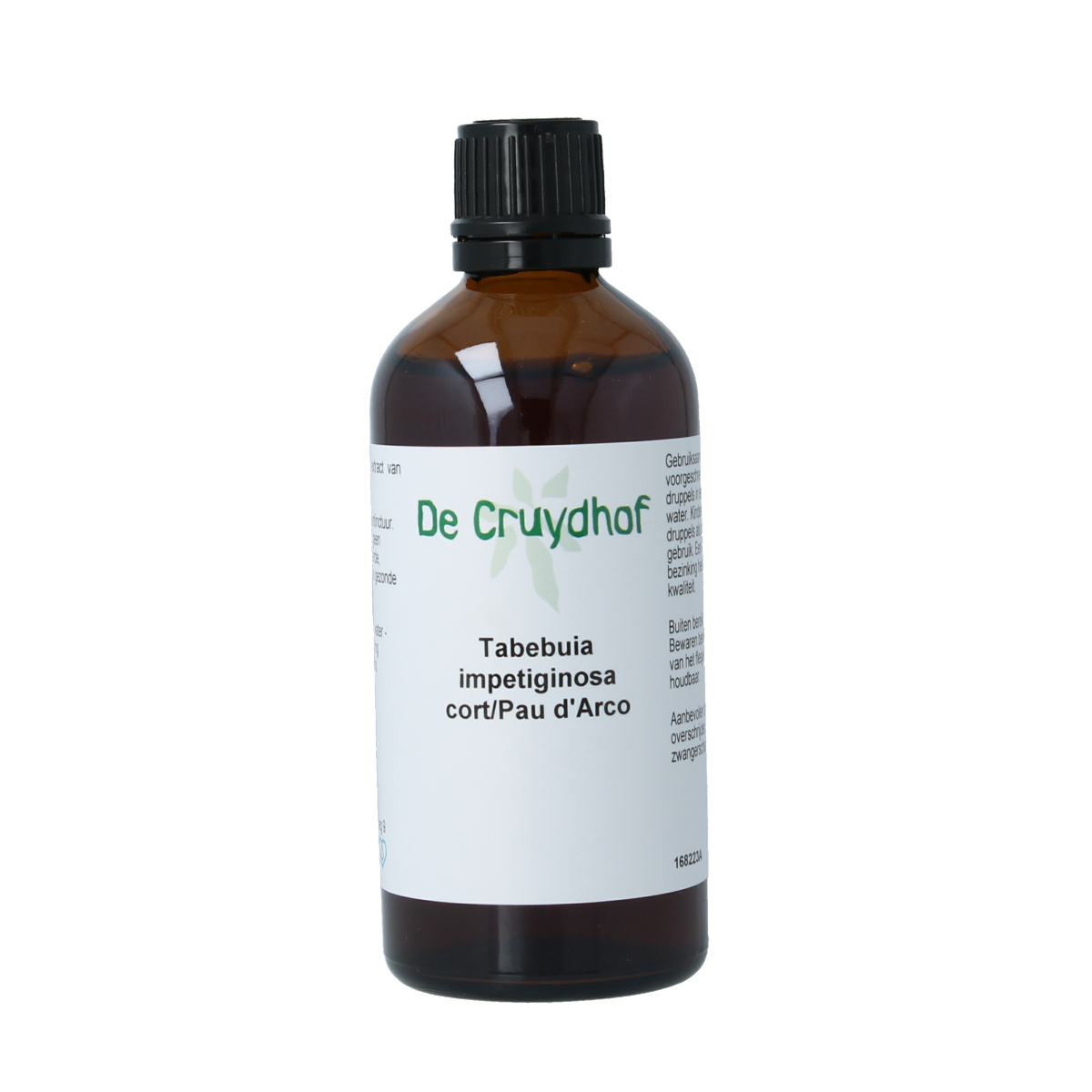 Cruydhof Tabebuia impetiginosa pau d'arco tinctuur 100ml in a glass bottle, herbal supplement for traditional medicinal use.