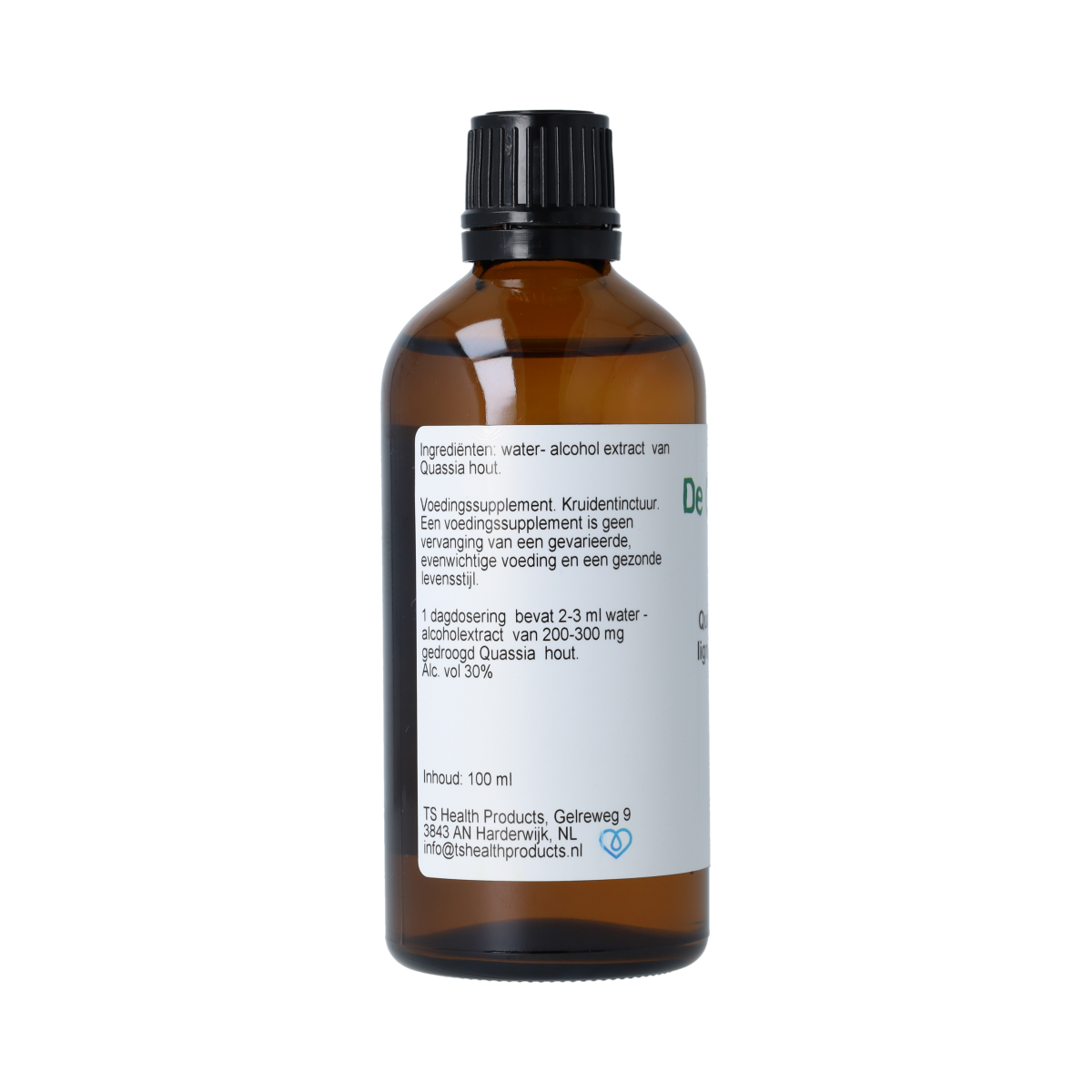 Cruydhof Quassia amara lign tinctuur in 100ml bottle, herbal preparation with dark liquid, used for natural herbal remedies.