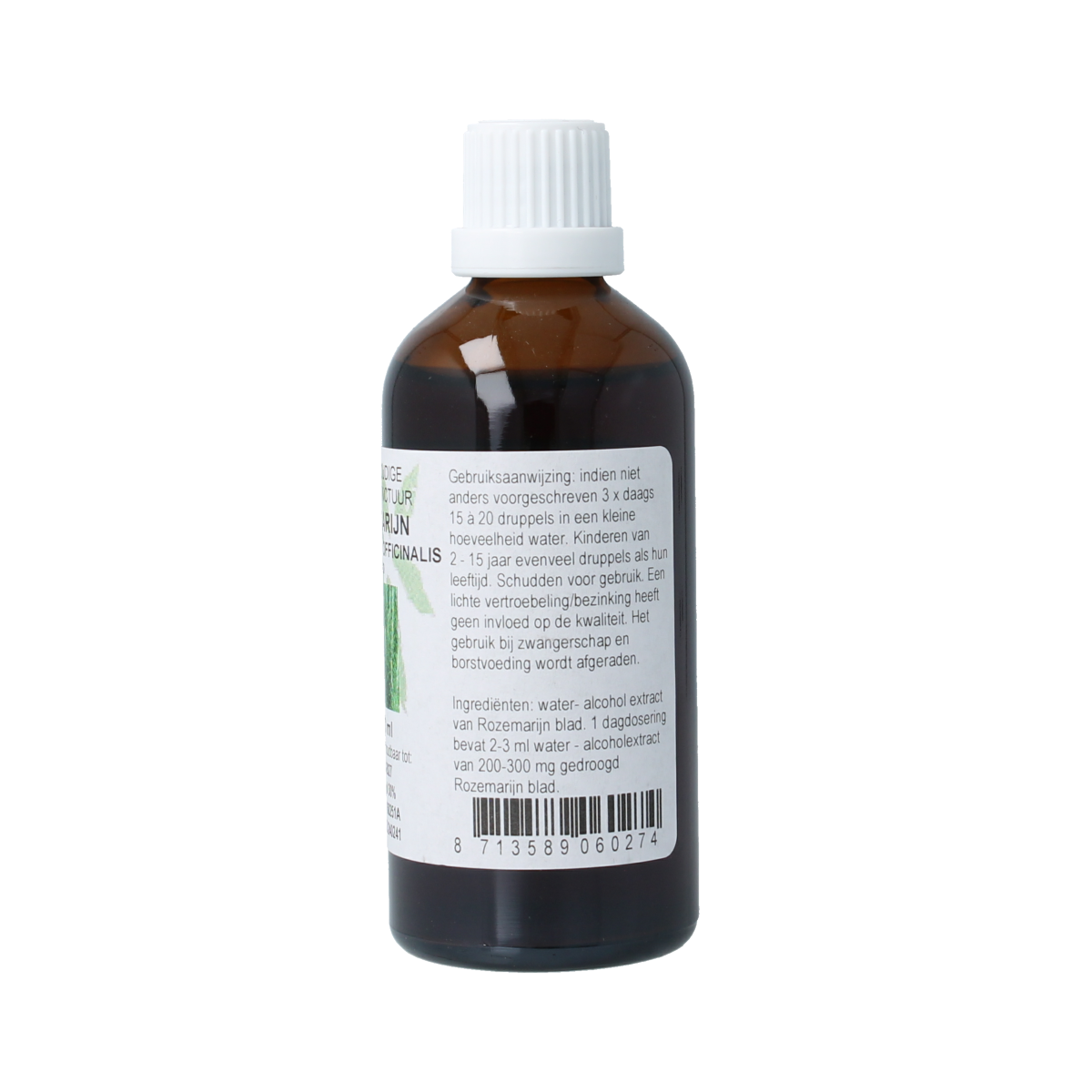 Cruydhof Rosmarinus officinalis rosemary tincture in a 100ml bottle, herbal remedy with fresh rosemary leaves visible.