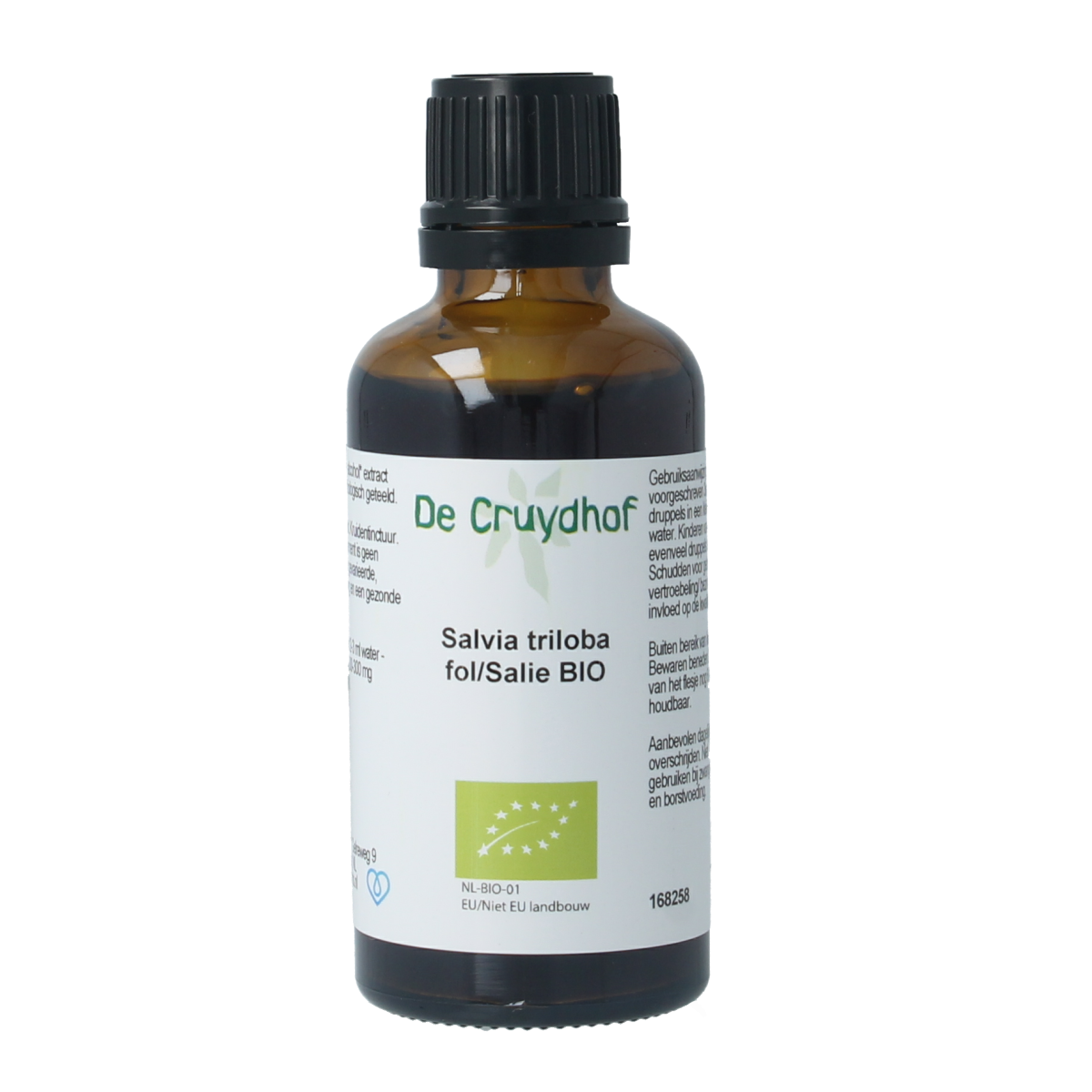 Cruydhof Salvia tribola fol bio tinctuur bottle, herbal preparation in 50ml glass bottle with label and dropper