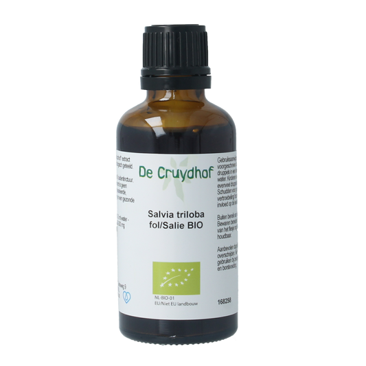 Cruydhof Salvia tribola fol bio tinctuur bottle, herbal preparation in 50ml glass bottle with label and dropper