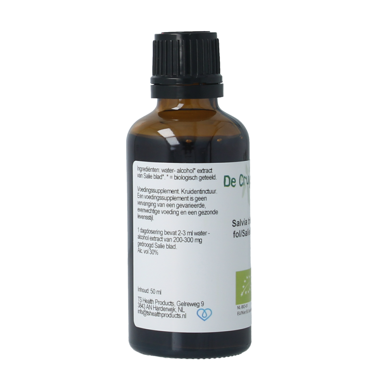 Cruydhof Salvia tribola fol herbal tincture in 50ml bottle, organic herbal preparation with fresh sage leaves.