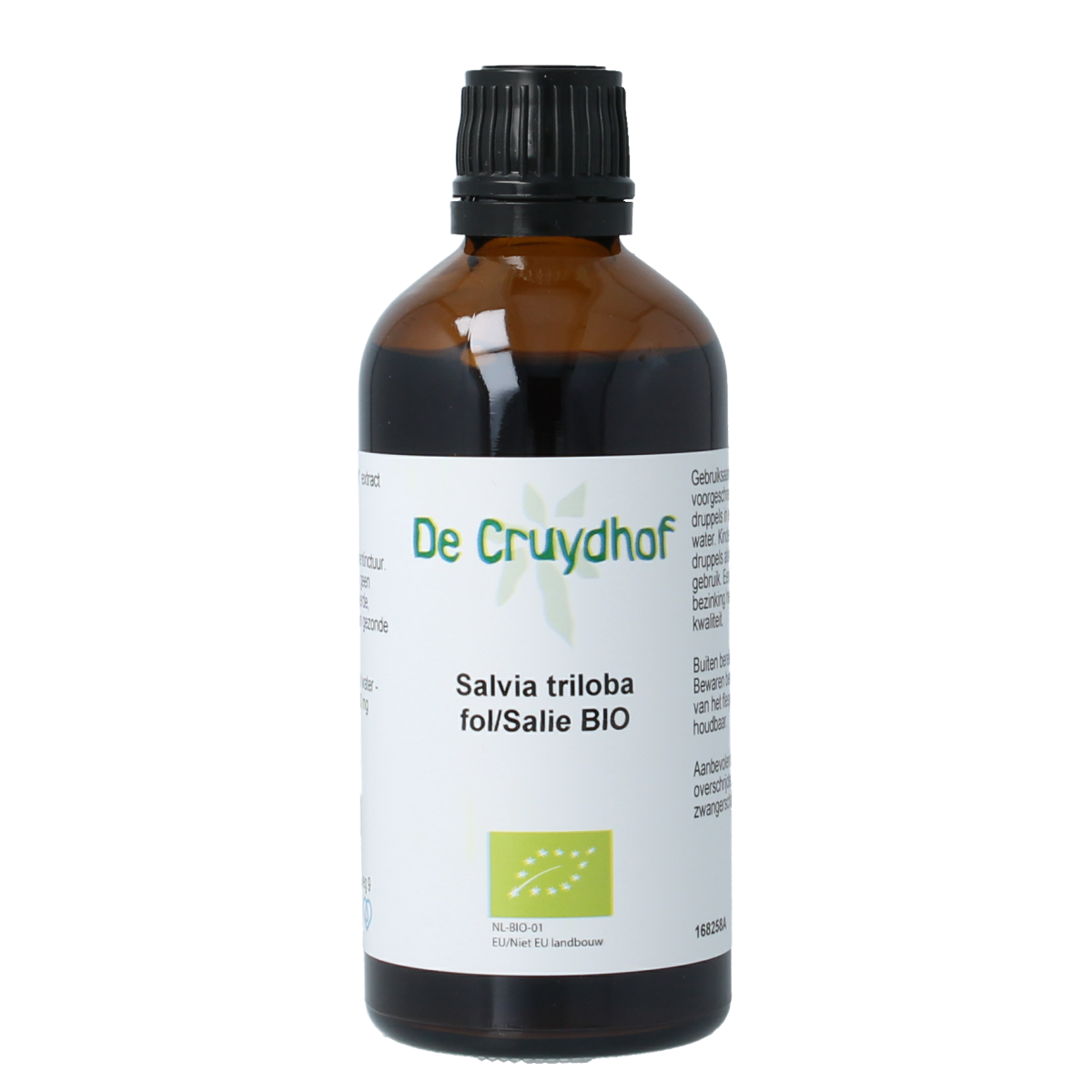 Cruydhof Salvia triloba fol or salie tinctuur in 100ml bottle, organic herbal preparation with fresh sage leaves.