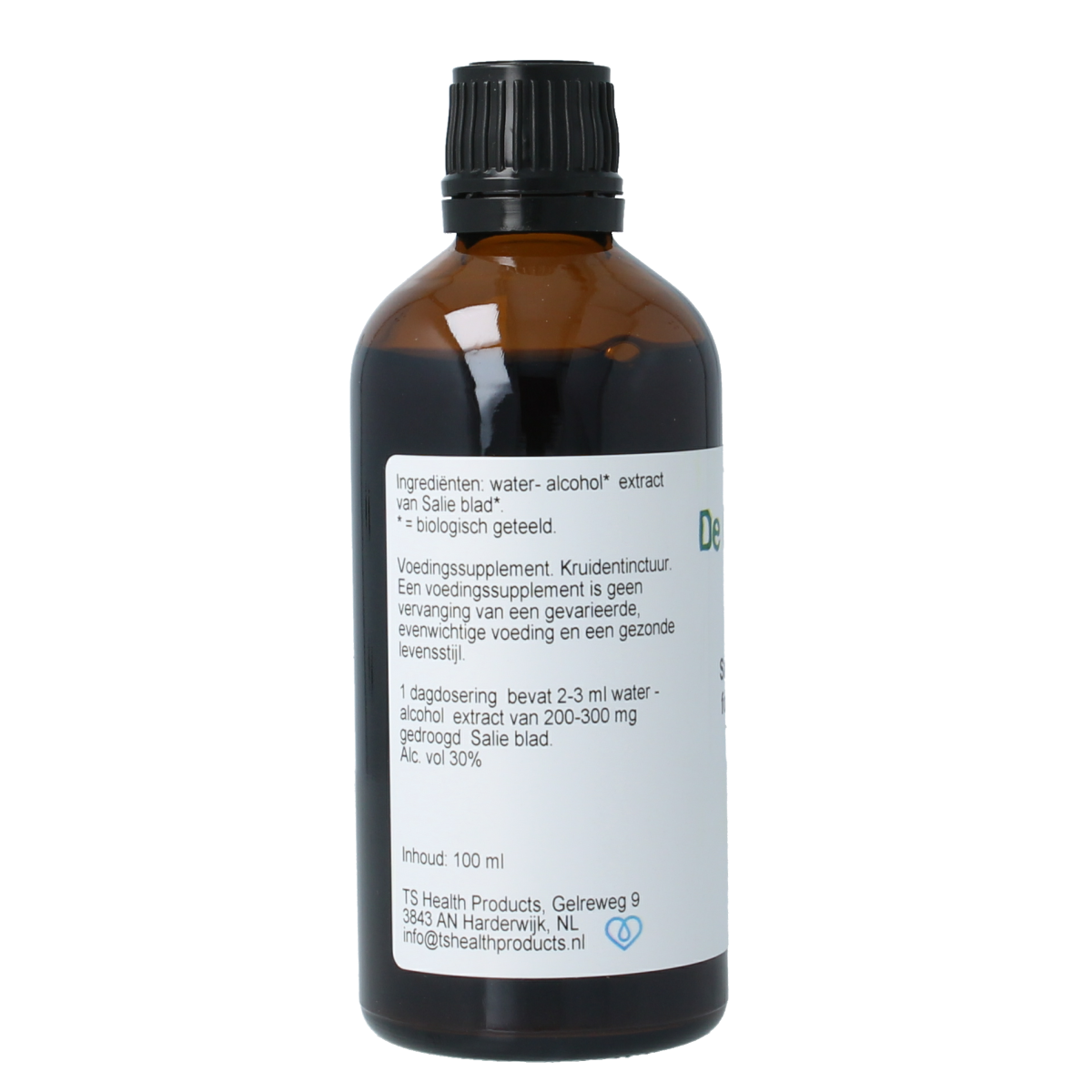 Cruydhof Salvia triloba fol tinctuur in 100ml bottle, organic herbal preparation with fresh sage leaves and herbal extract.