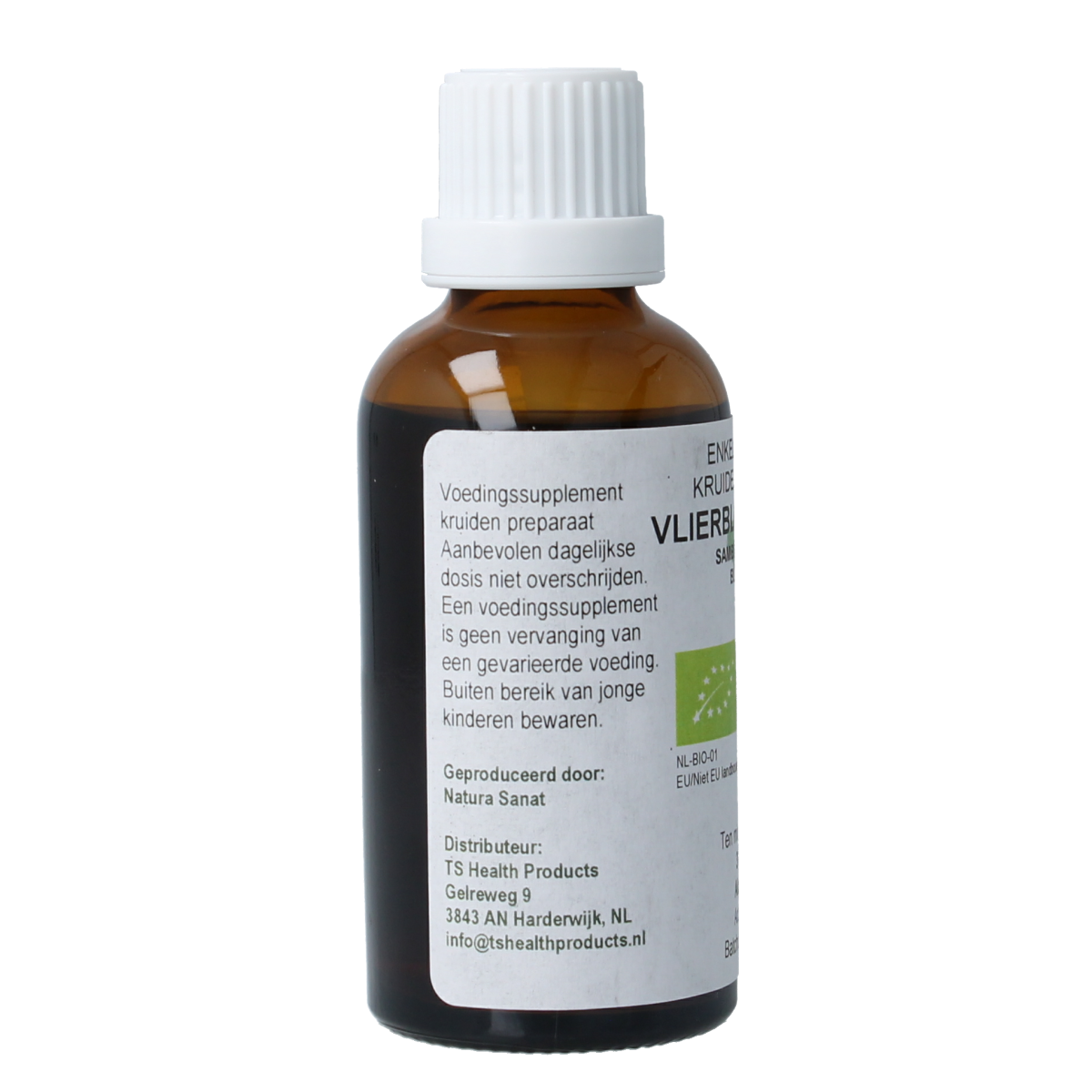 Cruydhof Sambucus nigra organic herbal preparation in a 50ml bottle, featuring black elderberry plant for wellness.