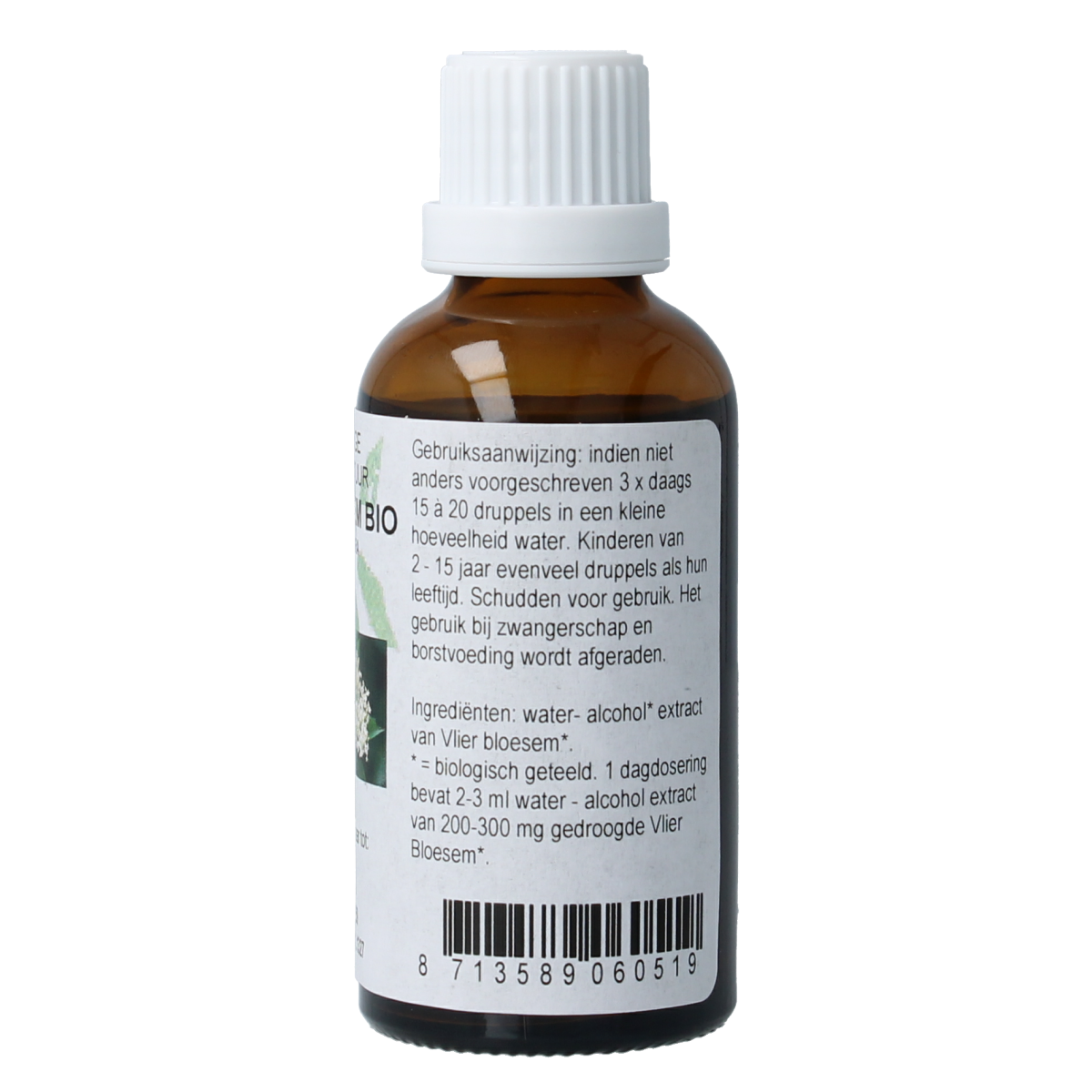 Cruydhof Sambucus nigra organic elderberry herbal preparation in a 50ml bottle, natural herbal supplement for wellness.