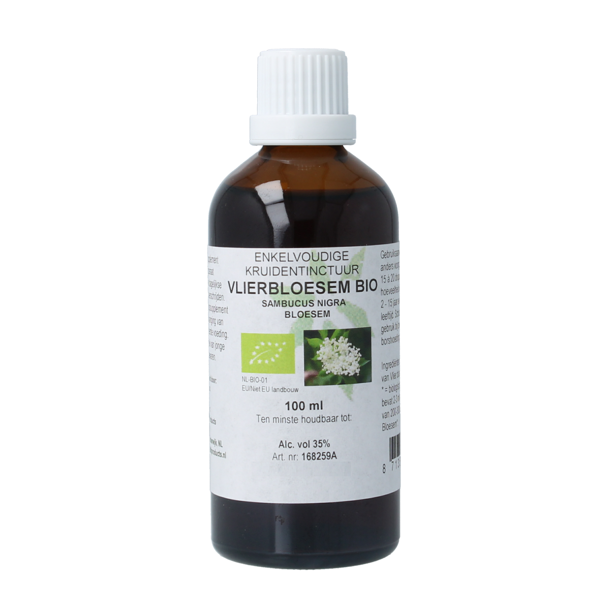Cruydhof Sambucus nigra organic herbal preparation in a 100ml bottle, featuring black elderberry plant for natural remedies.