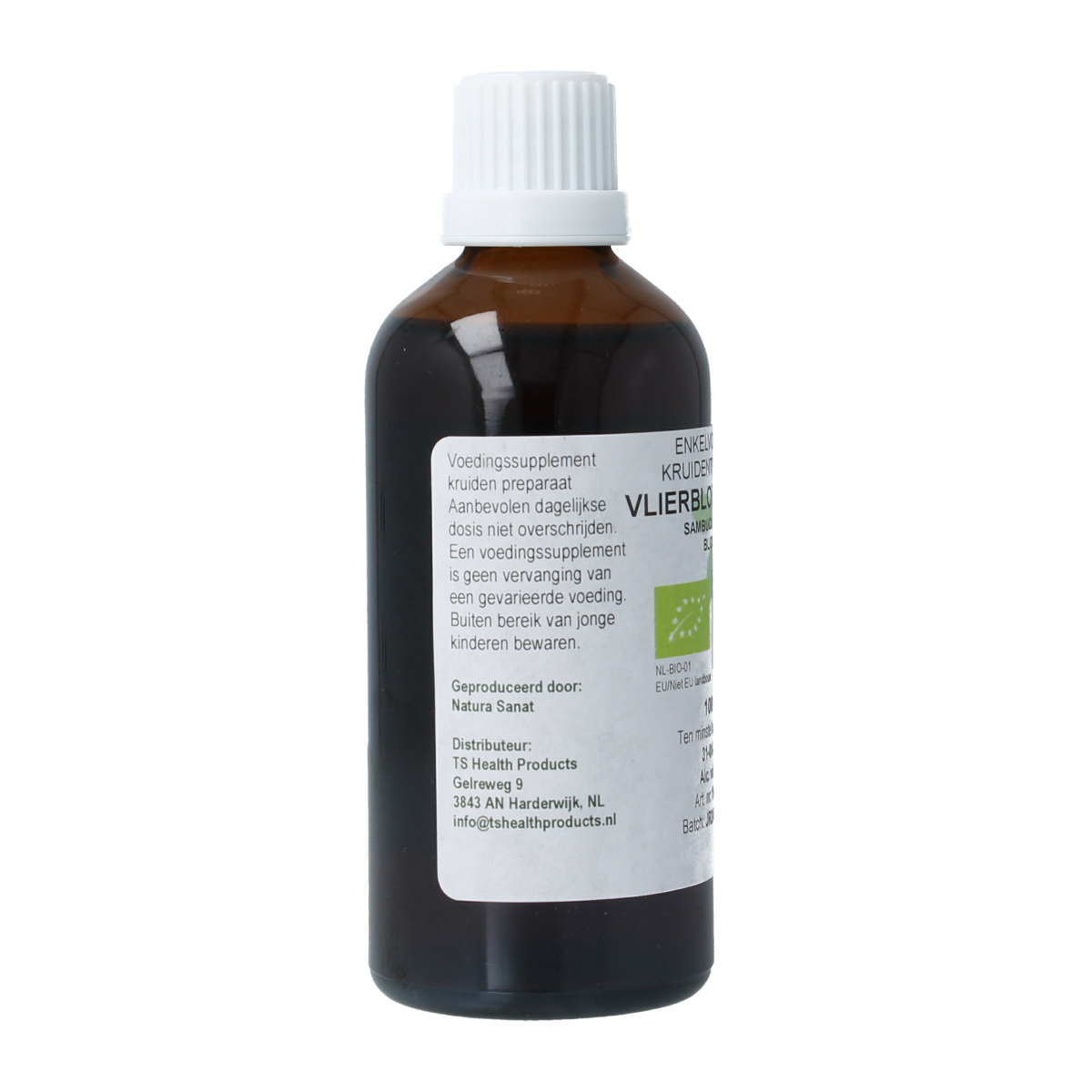 Cruydhof Sambucus nigra organic elderberry herbal preparation in 100ml bottle, natural herbal supplement for wellness.