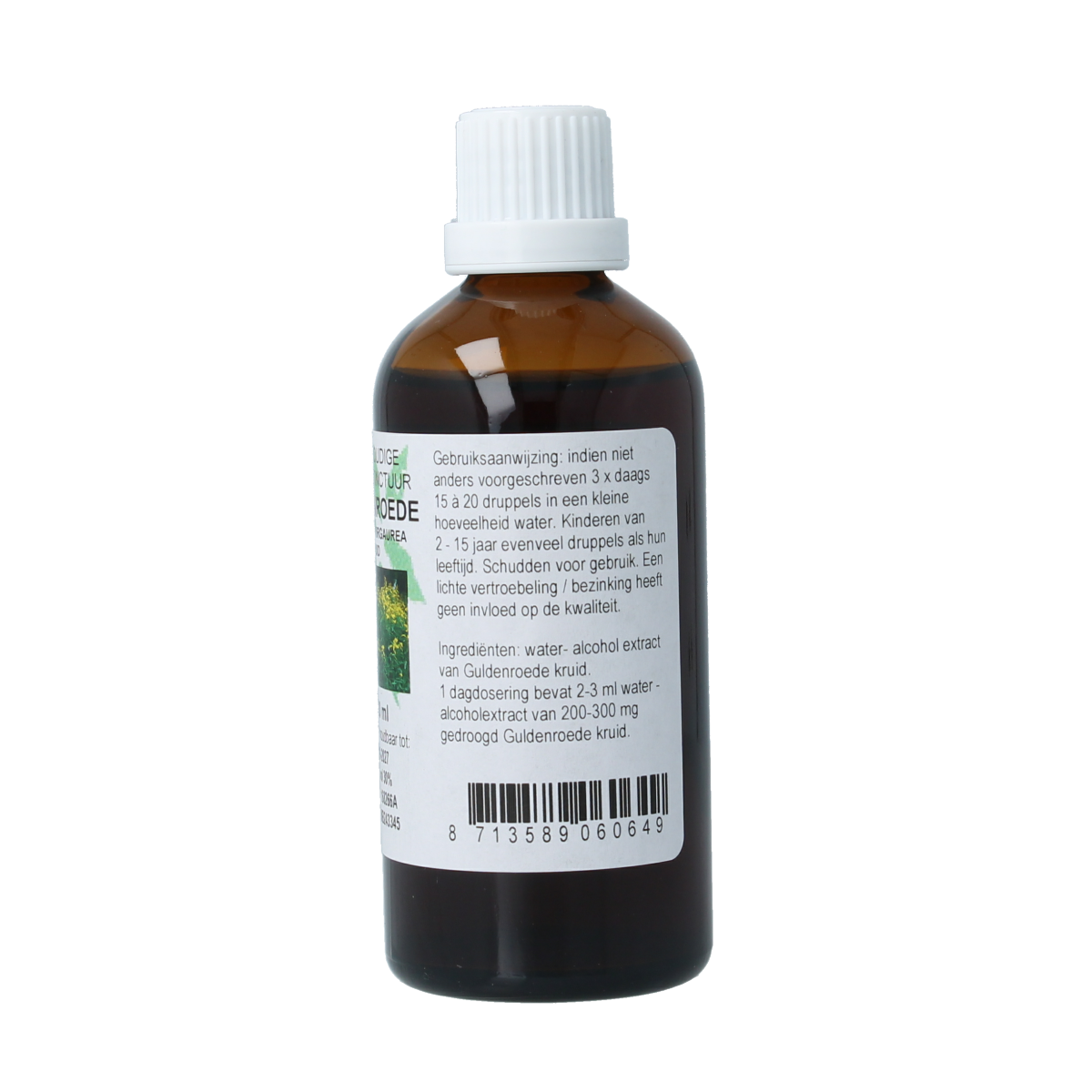 Cruydhof Solidago virg herb tincture in a 100ml bottle, featuring a golden-yellow liquid for herbal remedy preparation.