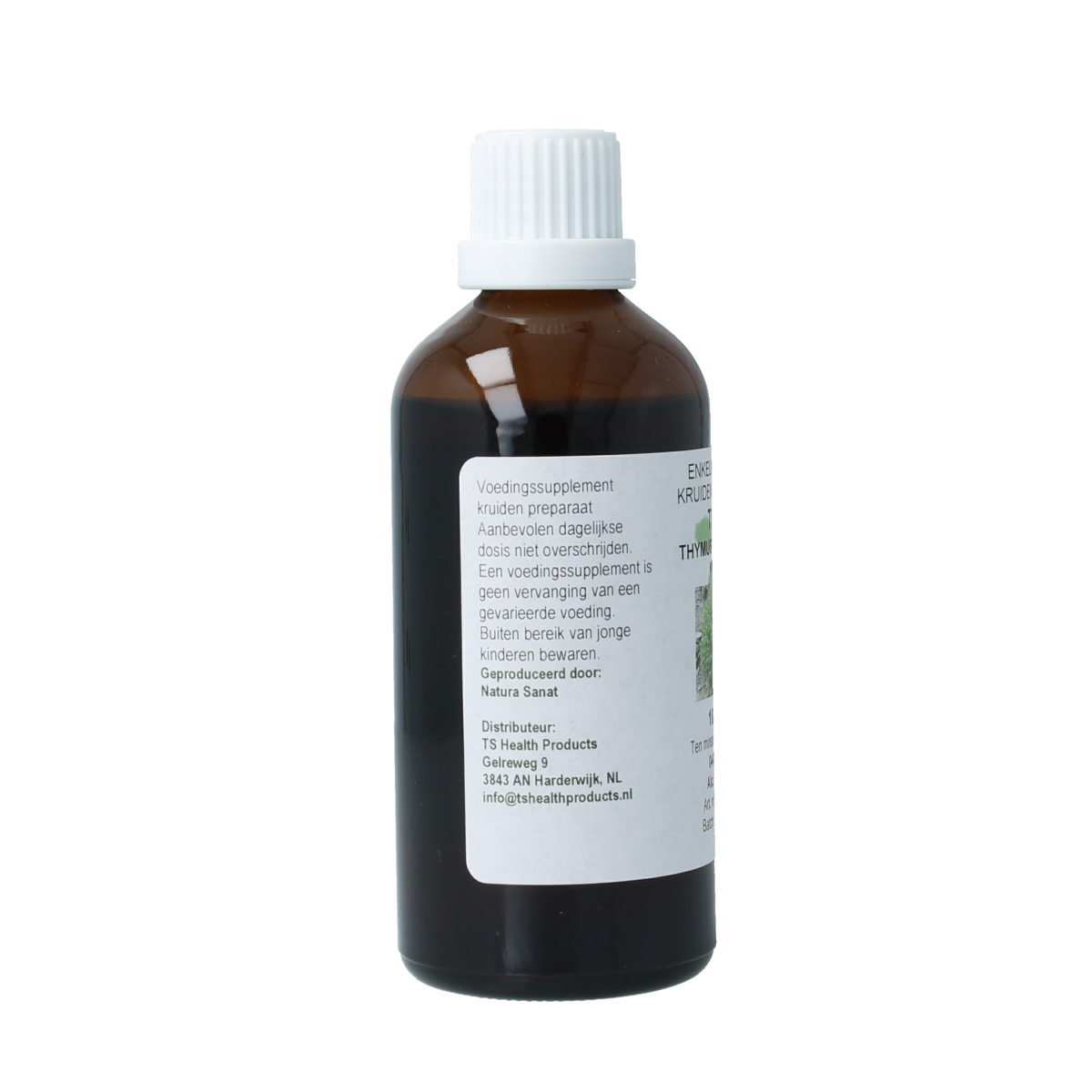 Cruydhof Thymus vulgaris herb tincture in 100ml bottle, herbal remedy from Cruydhof, featuring fresh thyme plant and tincture.