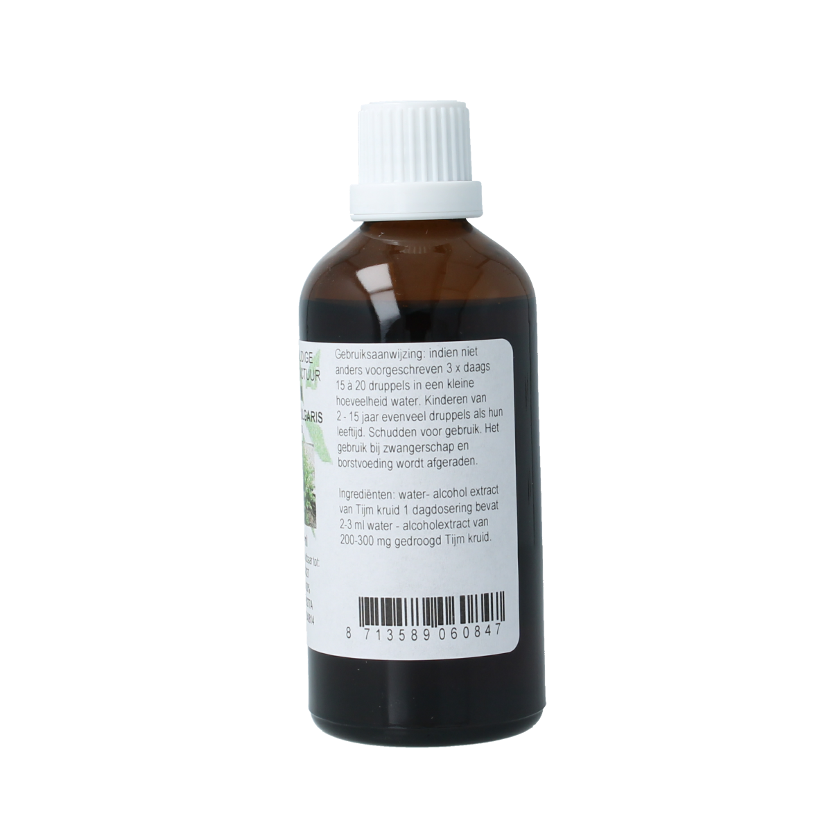 Cruydhof Thymus vulgaris herb tincture in a 100ml bottle, featuring fresh thyme leaves and herbs in a clear glass container.
