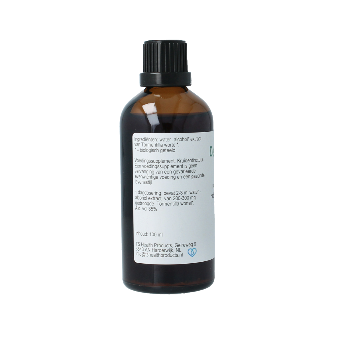 Cruydhof Tormentil wortel tinctuur in 100ml bottle, organic herbal preparation showing the tincture and packaging.