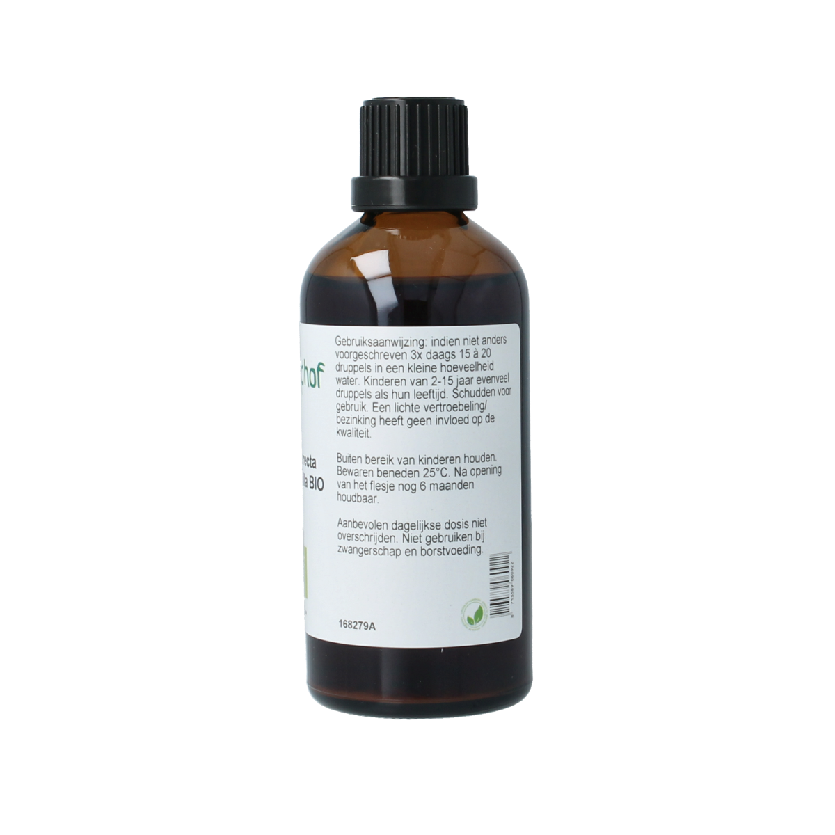 Cruydhof Tormentil wortel tinctuur in 100ml bottle, organic herbal preparation, with a label showing product details.