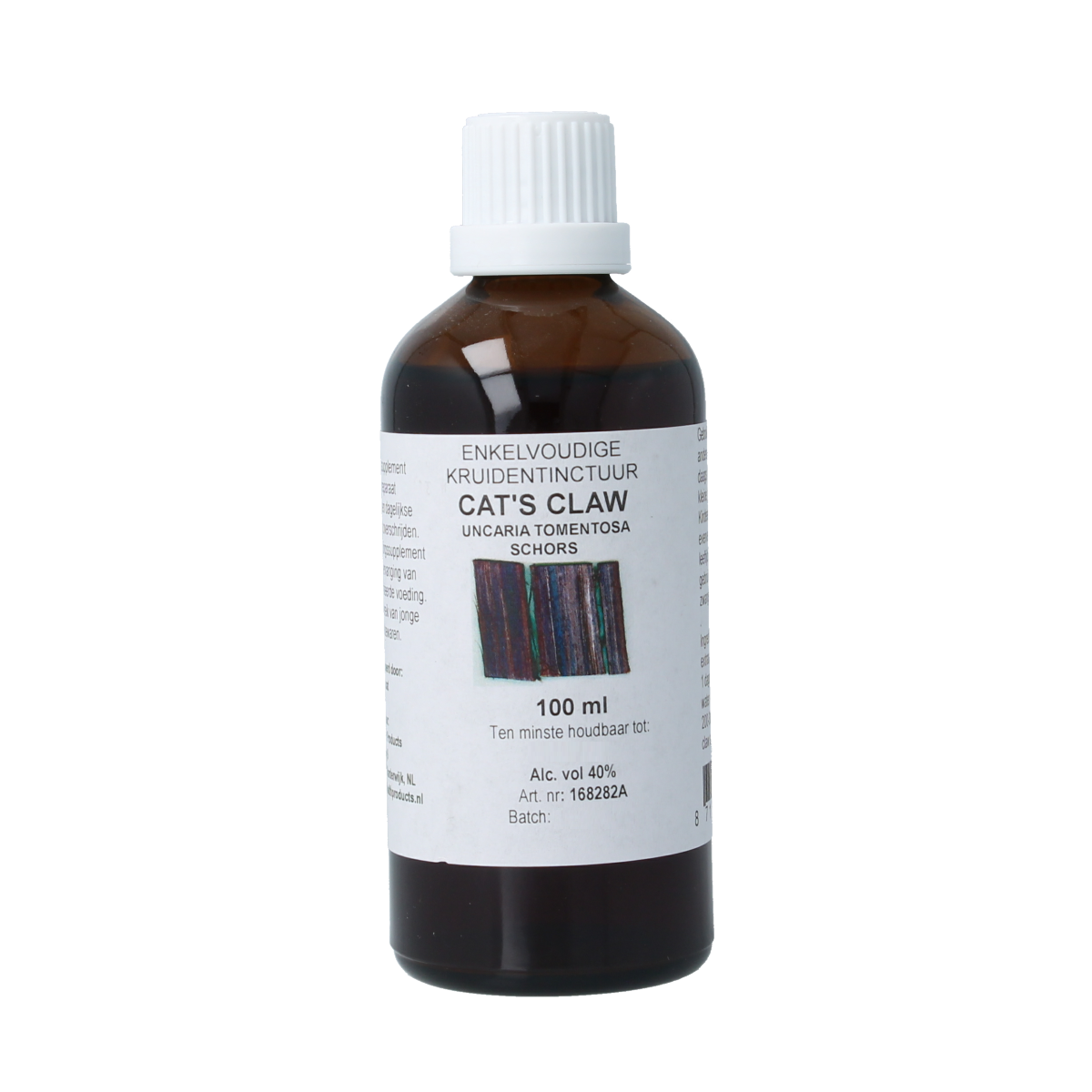 Cruydhof Uncaria tomentosa cat's claw tincture in a 100ml bottle, part of herbal preparations, with herbal plant and dropper visible.