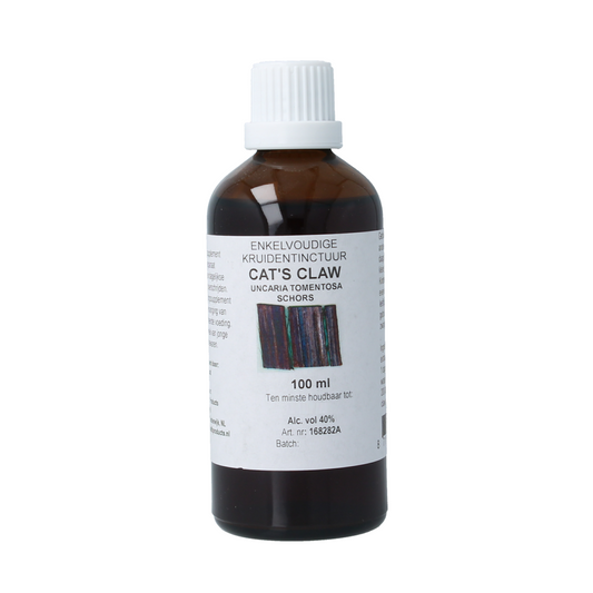 Cruydhof Uncaria tomentosa cat's claw tincture in a 100ml bottle, part of herbal preparations, with herbal plant and dropper visible.