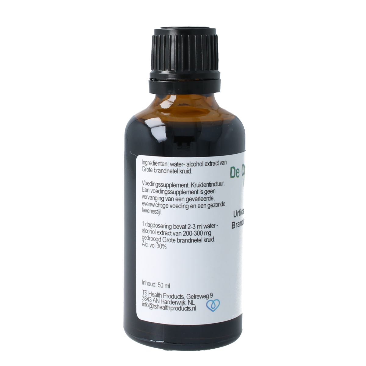Cruydhof Urtica folia brandnetel tinctuur in 50ml bottle, herbal remedy with fresh green nettle leaves and herbal label.