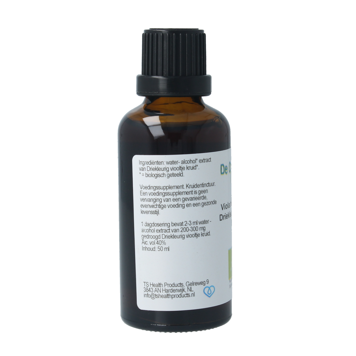 Cruydhof Viola tricolor herbal tincture in a 50ml bottle, featuring vibrant violet flowers and green leaves, herbal remedy preparation.
