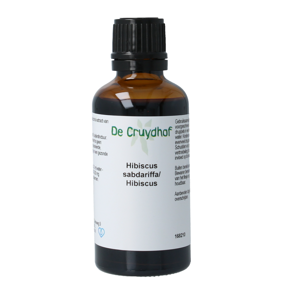 Cruydhof Hibiscus sabdariffa tincture in 50ml bottle, herbal preparation with vibrant red hibiscus flowers visible in the image.