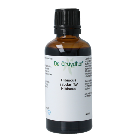Cruydhof Hibiscus sabdariffa tincture in 50ml bottle, herbal preparation with vibrant red hibiscus flowers visible in the image.