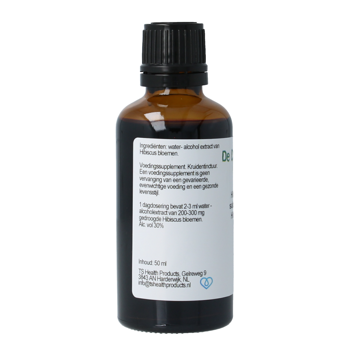 Cruydhof Hibiscus sabdariffa herbal tincture in a 50ml bottle, featuring vibrant red hibiscus flowers on the label.