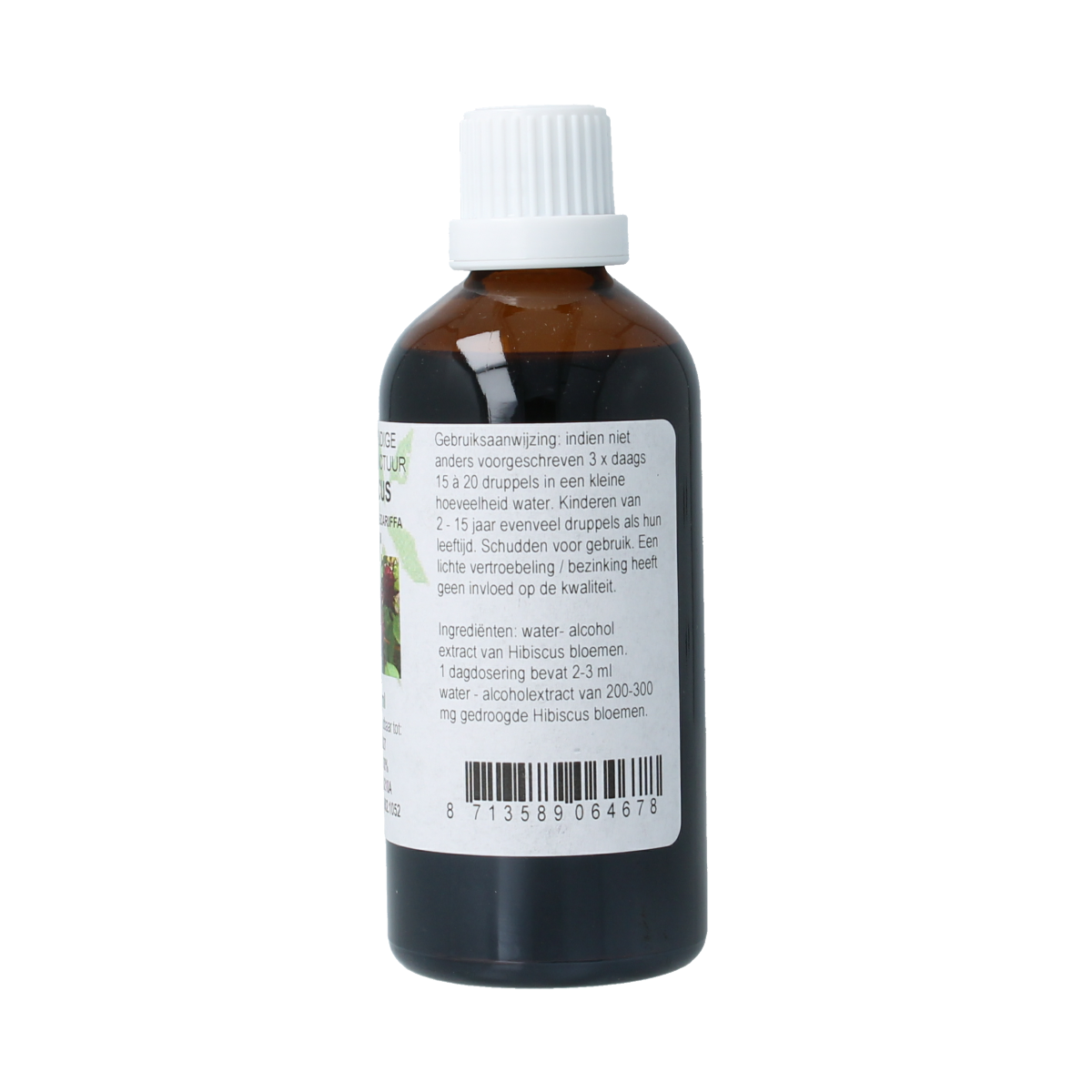 Cruydhof Hibiscus sabdariffa flower tincture in a 100ml bottle, herbal preparation with vibrant red hibiscus flowers.