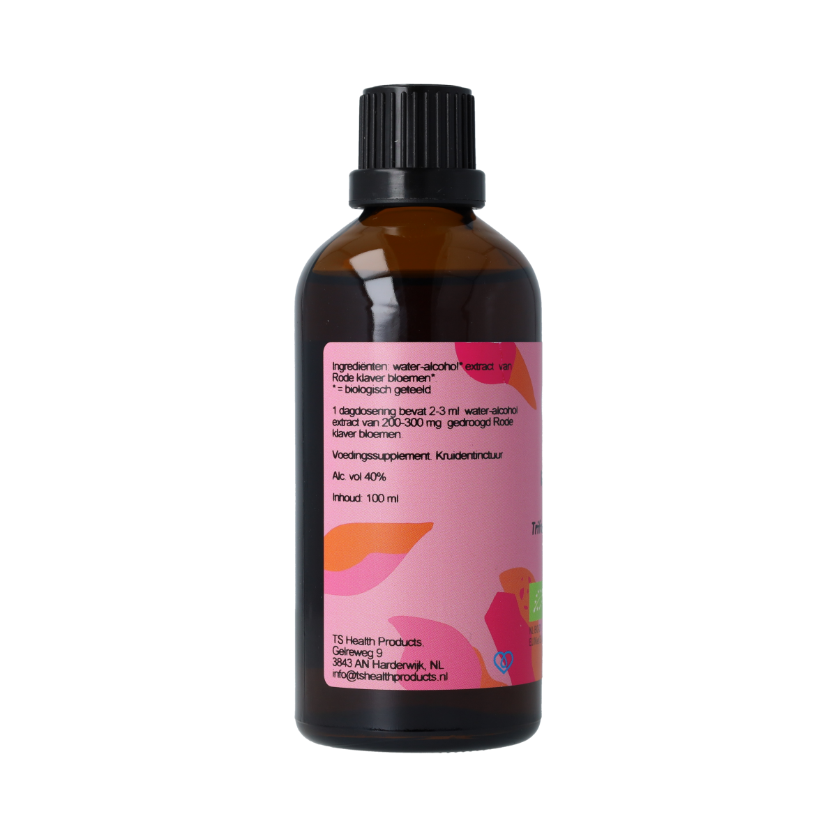 De Cruydhof Trifolium rode klaver bio tinctuur in 100ml bottle, herbal supplement with red clover plant imagery.