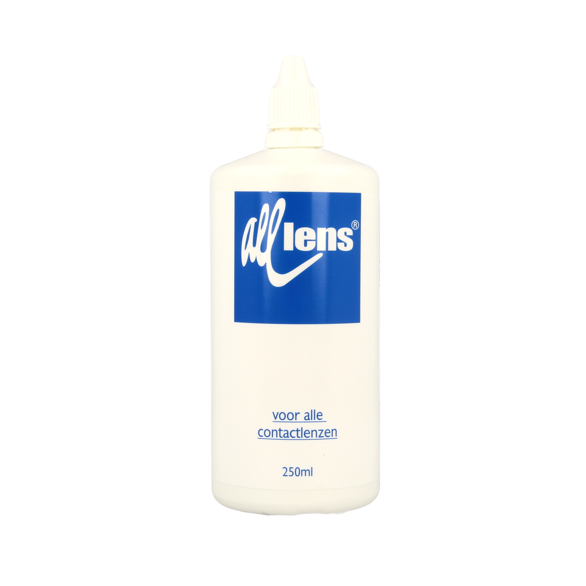 All Lens Alles-in-een contactlensvloeistof in 250ml bottle, suitable for all lens types, with optiek branding visible.