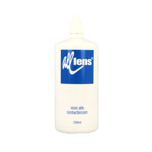 All Lens Alles-in-een contactlensvloeistof in 250ml bottle, suitable for all lens types, with optiek branding visible.