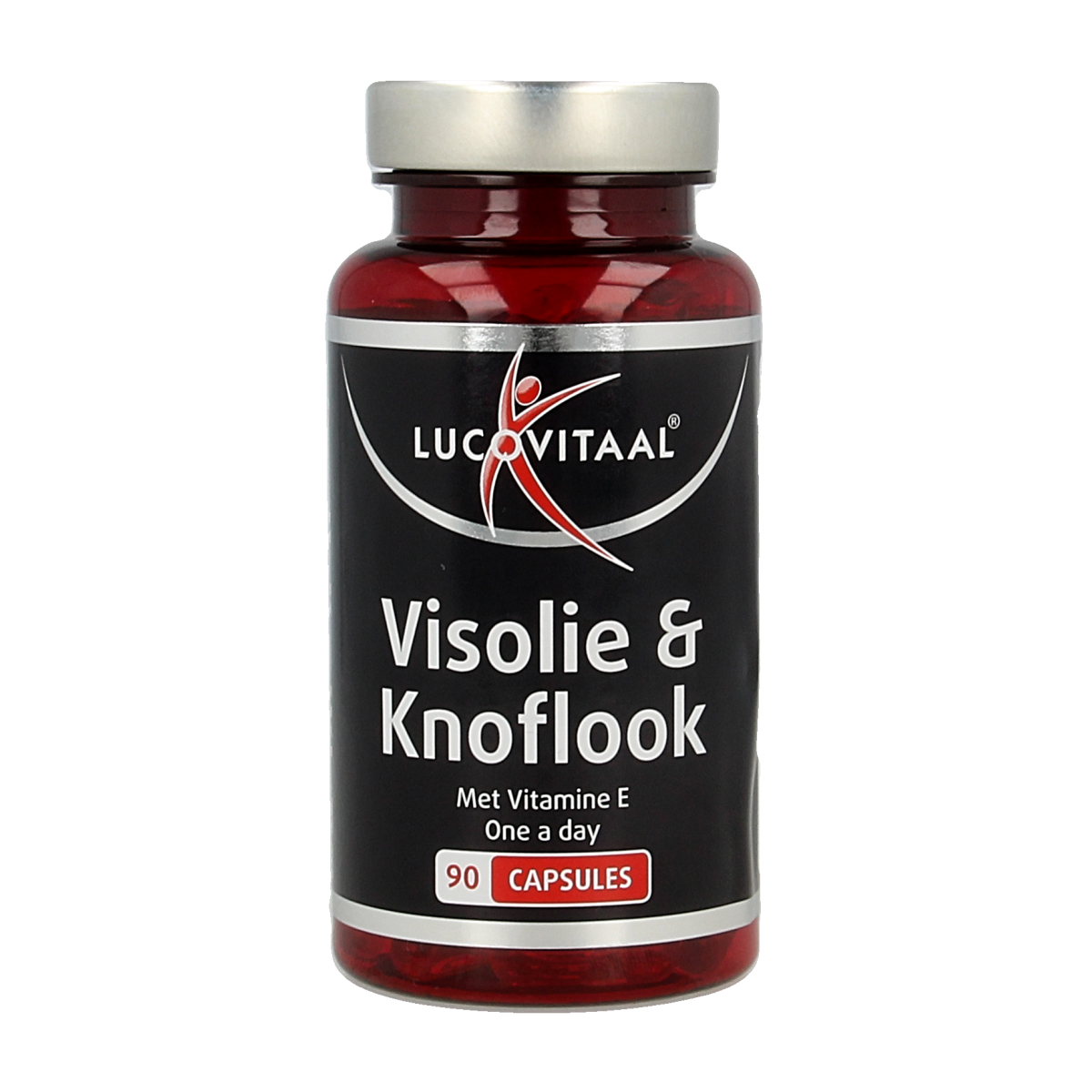 Lucovitaal Visolie en knoflook capsules, 90 softgel supplements for healthy fats and garlic benefits, shown in the image.