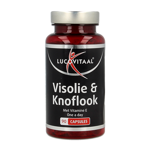 Lucovitaal Visolie en knoflook capsules, 90 softgel supplements for healthy fats and garlic benefits, shown in the image.