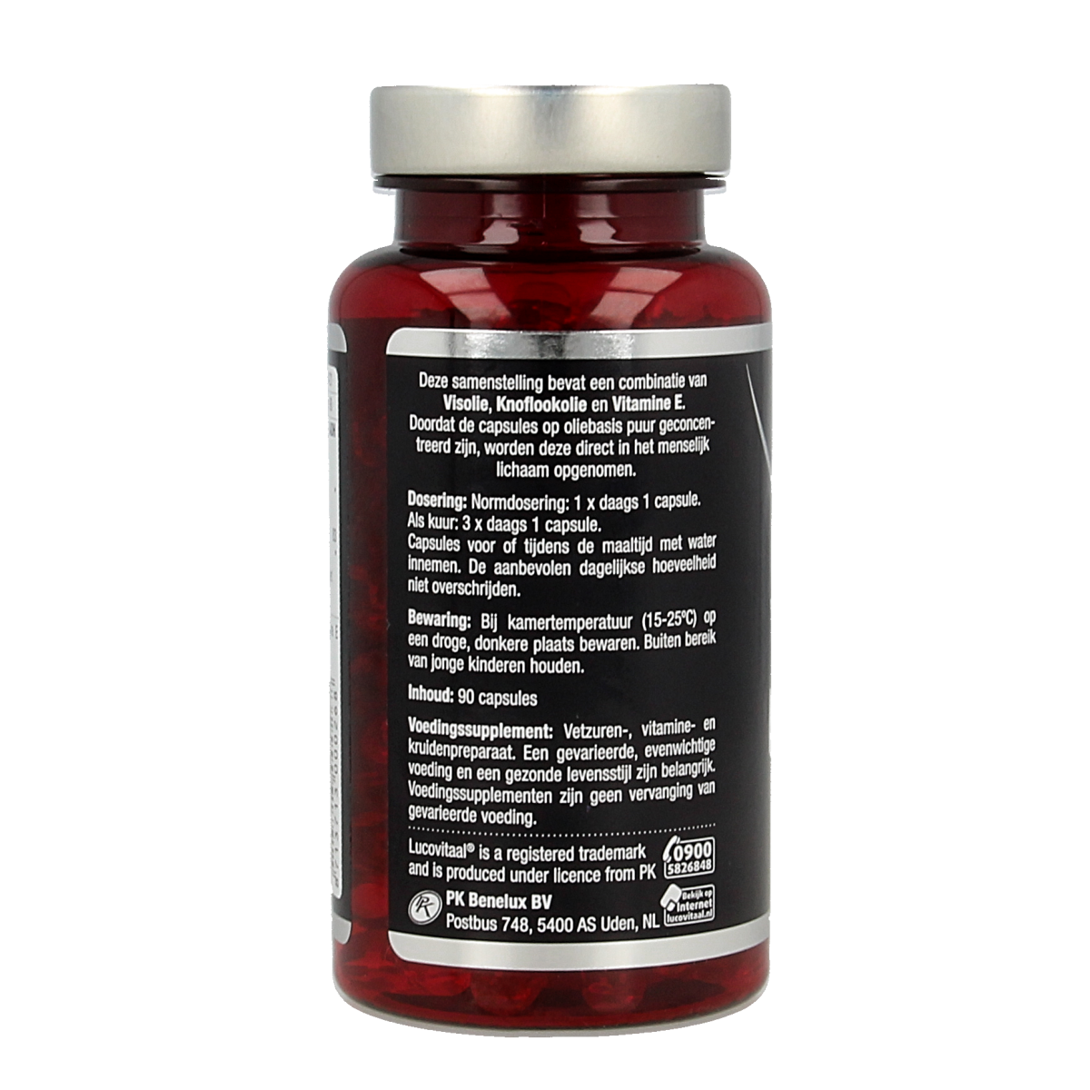 Lucovitaal Visolie & knoflook capsules, dietary supplement with fish oil and garlic, 90 capsules in a clear plastic bottle.