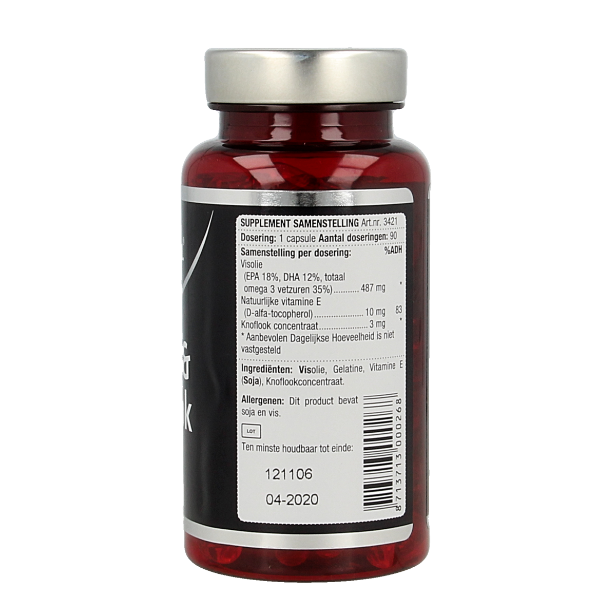 Lucovitaal Visolie en knoflook capsules, 90 softgel capsules, showing the supplement bottle with capsules inside.