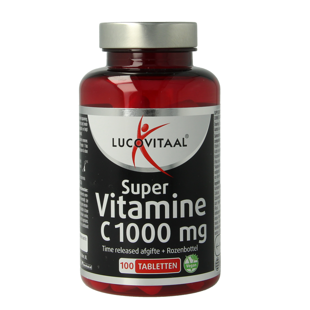 Lucovitaal Vitamine C 1000mg supplement, 100 tablets, showing the bottle and tablets on the packaging.