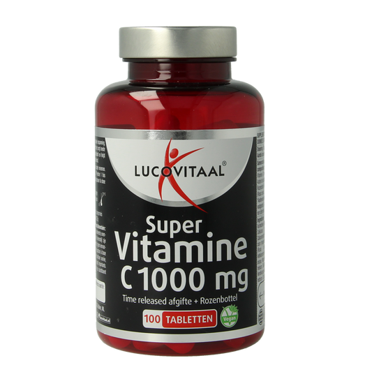 Lucovitaal Vitamine C 1000mg supplement, 100 tablets, showing the bottle and tablets on the packaging.