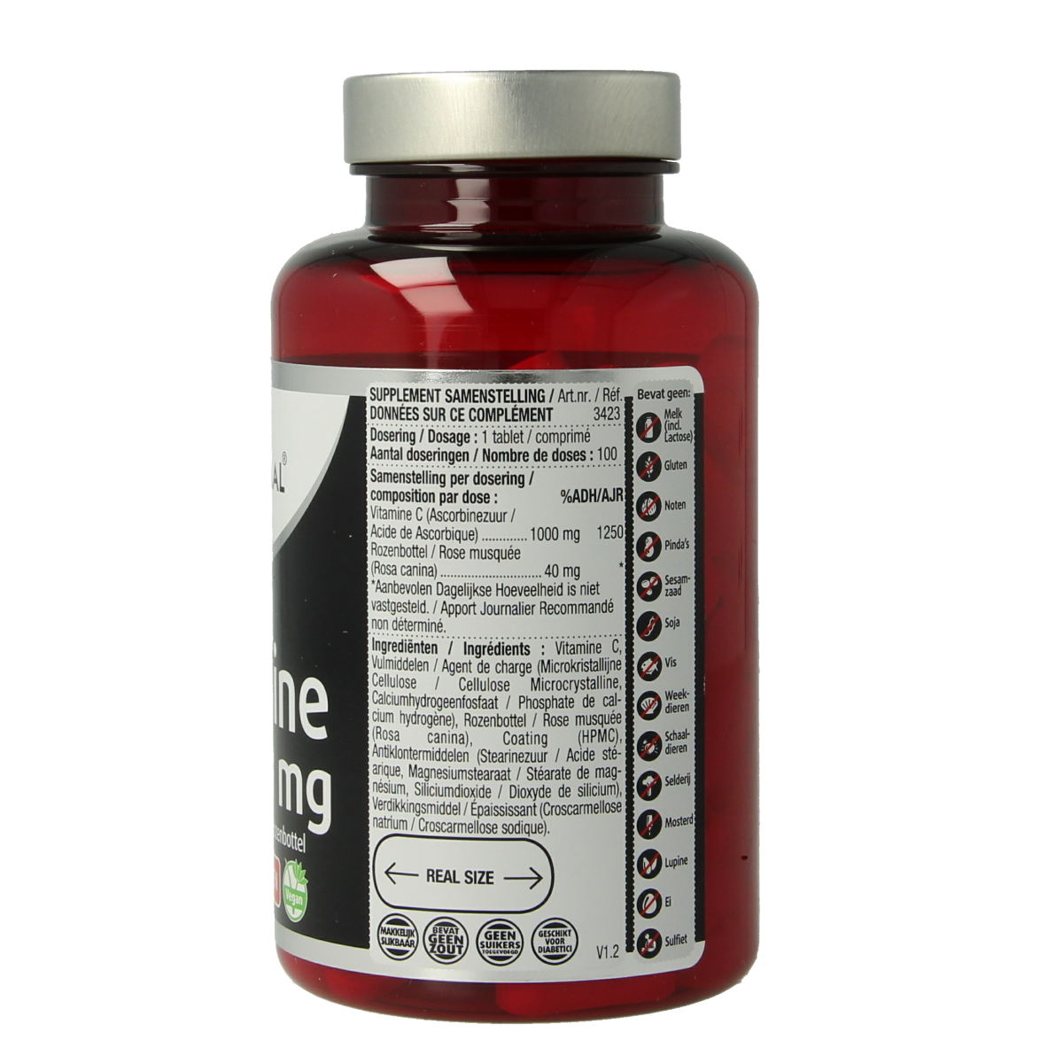 Lucovitaal Vitamine C 1000 tablets, dietary supplement with 100 tablets, showing the bottle and label.