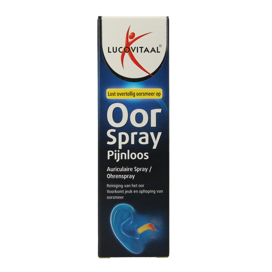 Lucovitaal Oorspray ear care spray in a 20ml bottle, designed for gentle ear hygiene and soothing ear care.