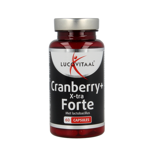Lucovitaal Cranberry x-tra capsules, herbal supplement, displayed in a bottle with label, for urinary health and wellness