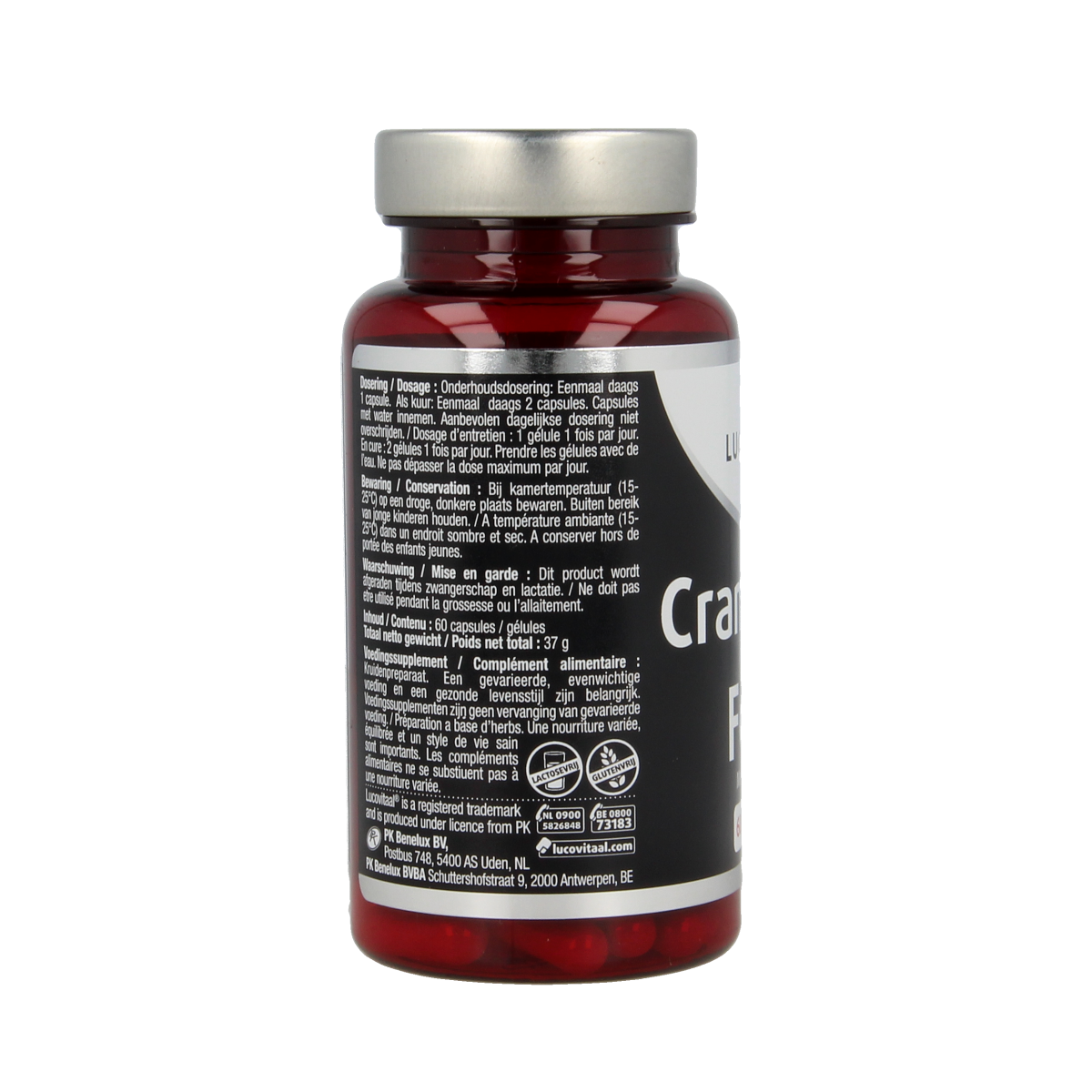 Lucovitaal Cranberry x-tra capsules, herbal supplement in a bottle, with 60 capsules for urinary health support.