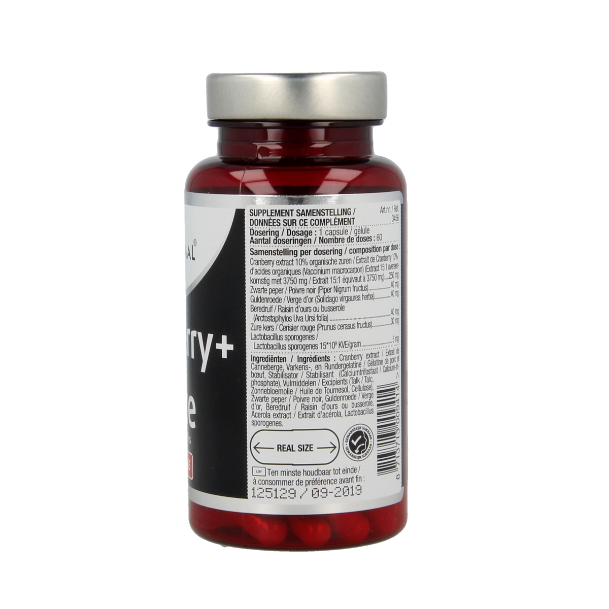 Lucovitaal Cranberry x-tra capsules in a bottle, herbal supplement for urinary health, with green and white packaging.