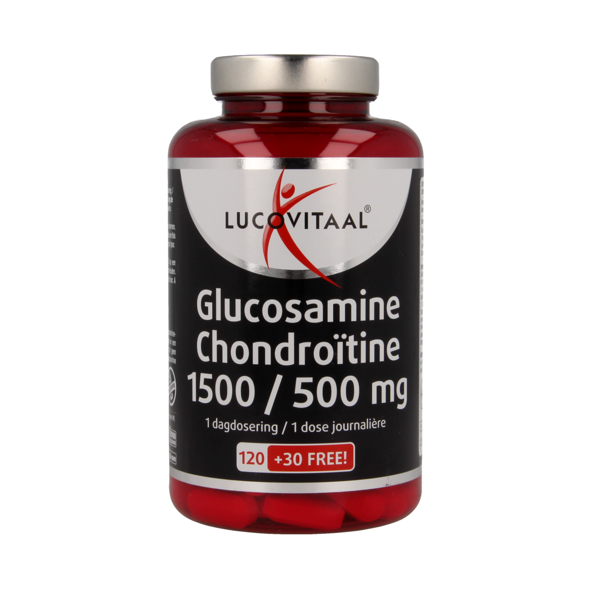 Lucovitaal Glucosamine Chondroitine mineral supplement tablets displayed in a bottle with label details visible.