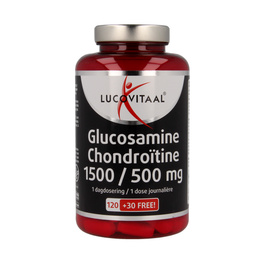 Lucovitaal Glucosamine Chondroitine mineral supplement tablets displayed in a bottle with label details visible.