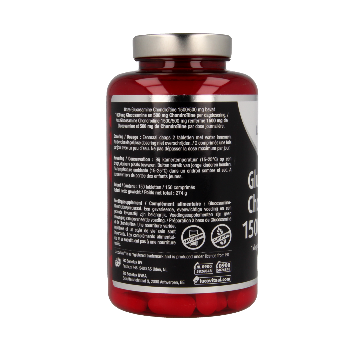 Lucovitaal Glucosamine Chondroitine mineral supplement bottles with tablets, designed for joint support and cartilage health.