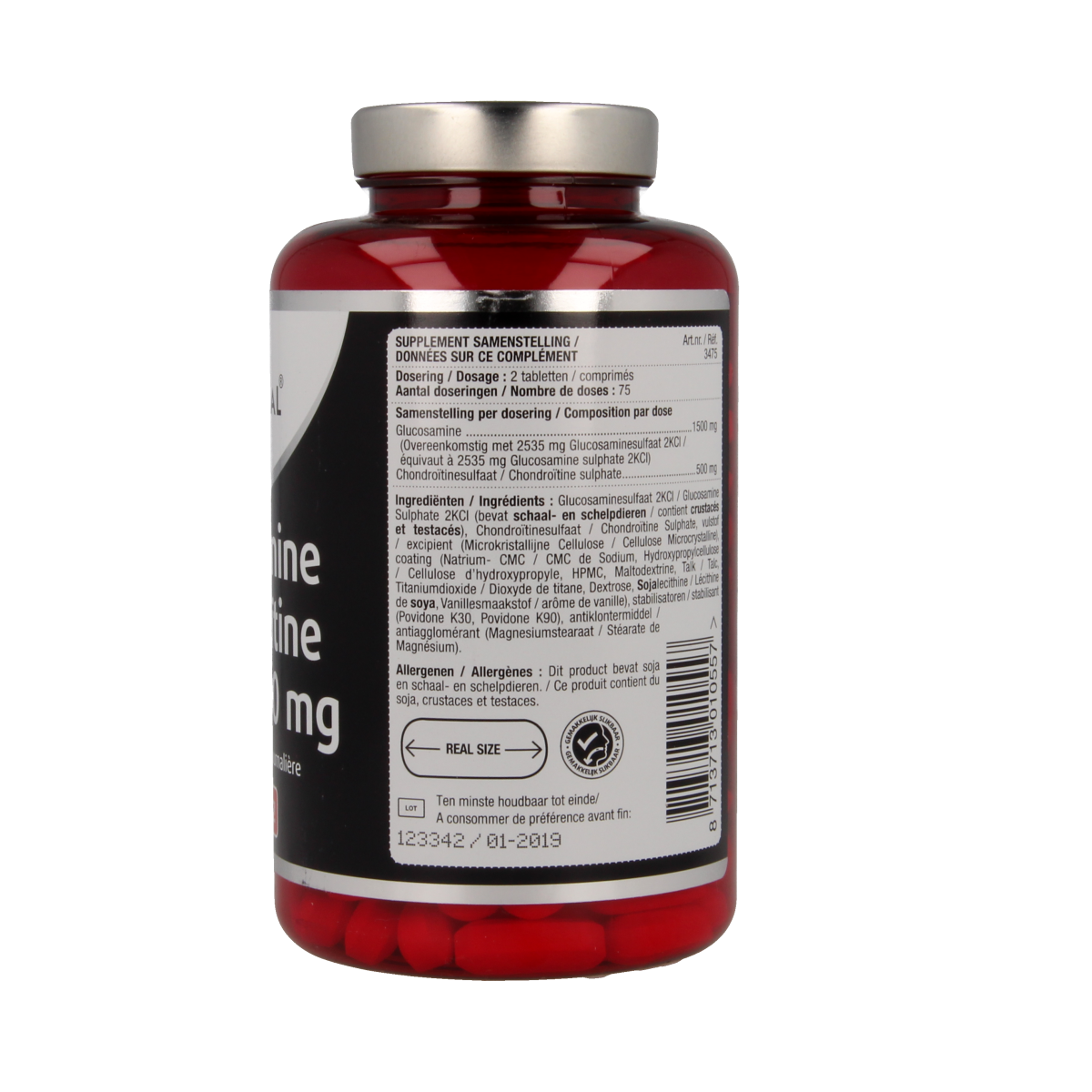 Lucovitaal Glucosamine Chondroitine mineral supplement tablets in a bottle, showing the label and tablets inside.