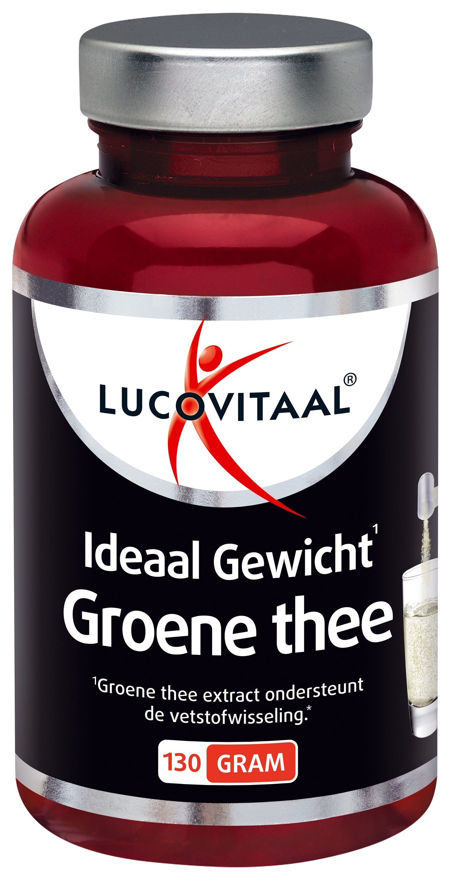 Lucovitaal groene thee extract in 130g container, herbal supplement for weight management, with green tea leaves visible.