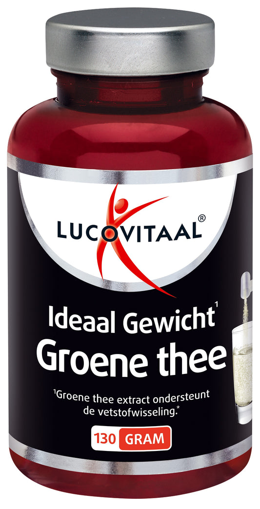 Lucovitaal groene thee extract in 130g container, herbal supplement for weight management, with green tea leaves visible.