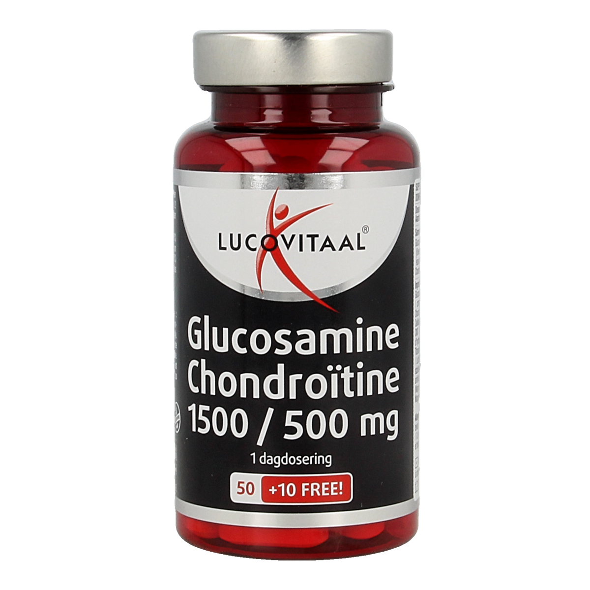 Lucovitaal Glucosamine chondroitine supplement in a bottle of 60 tablets, showing the label and tablets inside the container.