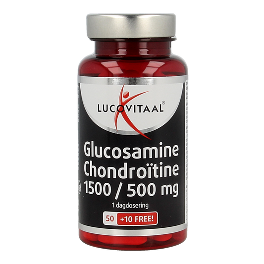Lucovitaal Glucosamine chondroitine supplement in a bottle of 60 tablets, showing the label and tablets inside the container.