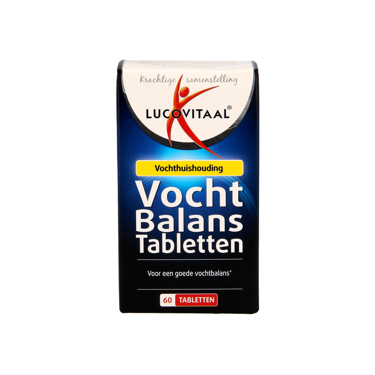 Box of Lucovitaal Vochtbalans herbal tablets with 60 pieces, featuring natural ingredients for hydration support.