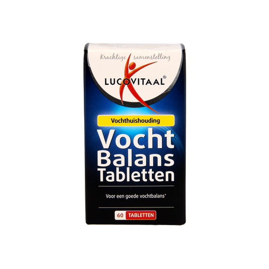 Box of Lucovitaal Vochtbalans herbal tablets with 60 pieces, featuring natural ingredients for hydration support.