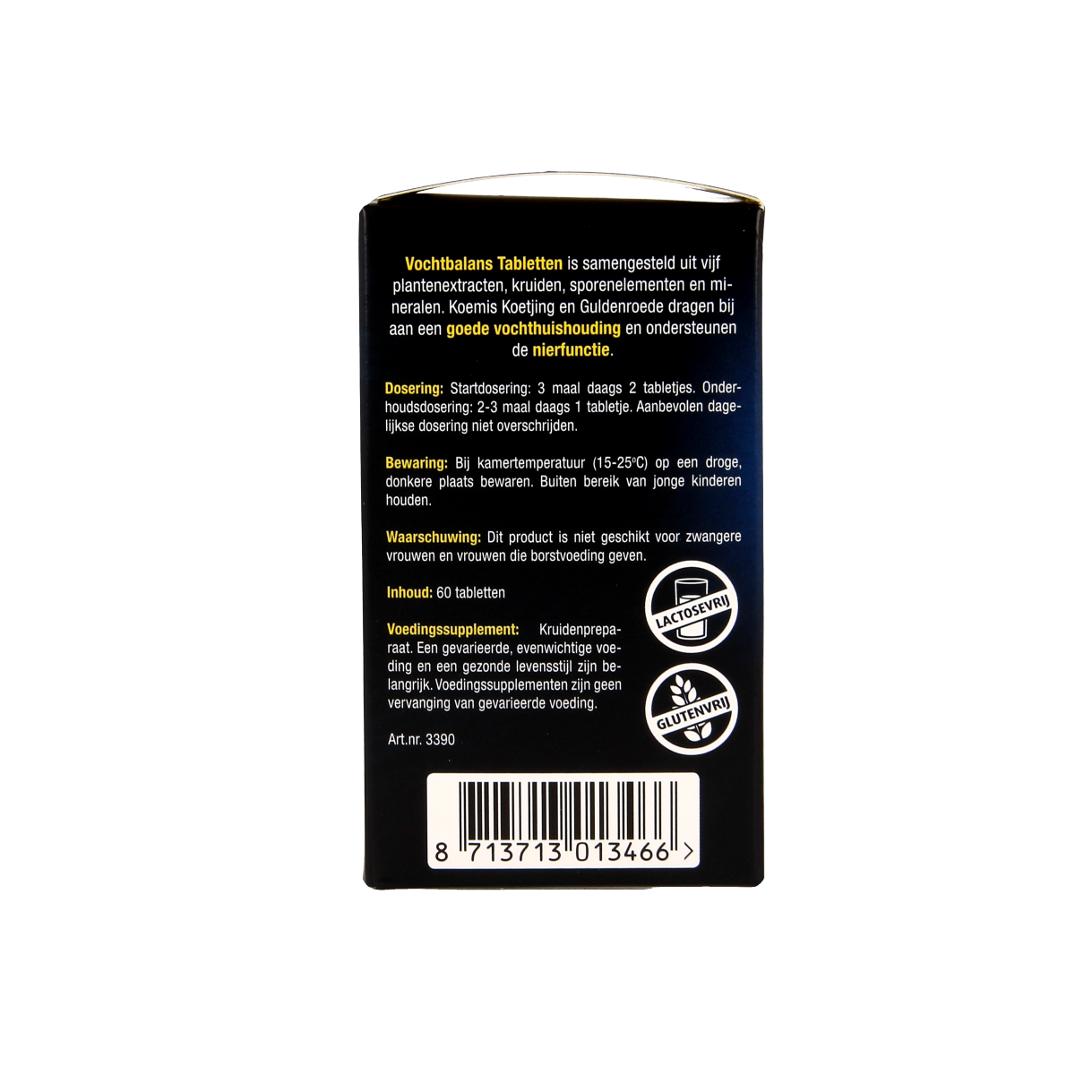 Lucovitaal Vochtbalans herbal supplement bottle with 60 tablets, natural herbal remedy for fluid balance support.